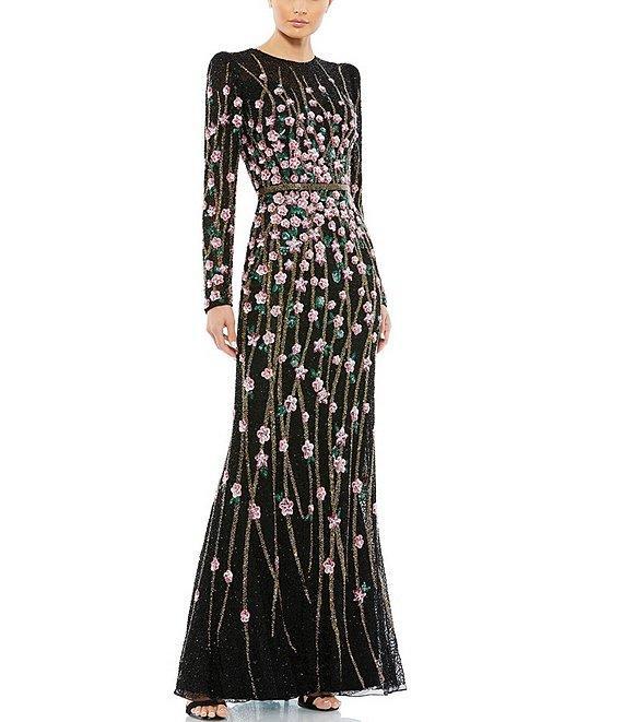 Mac Duggal Sequin and Beaded Crew Neck Long Sleeve Gown Product Image