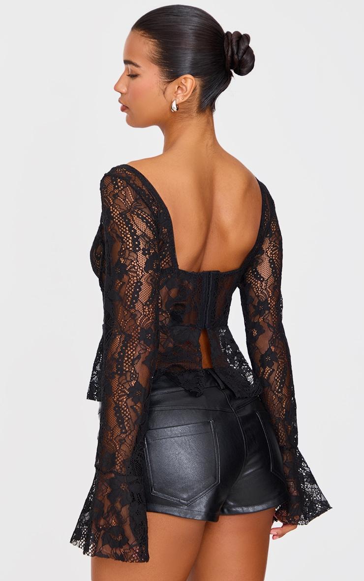 Black Lace Boned Flared Long Sleeve Long Top Product Image