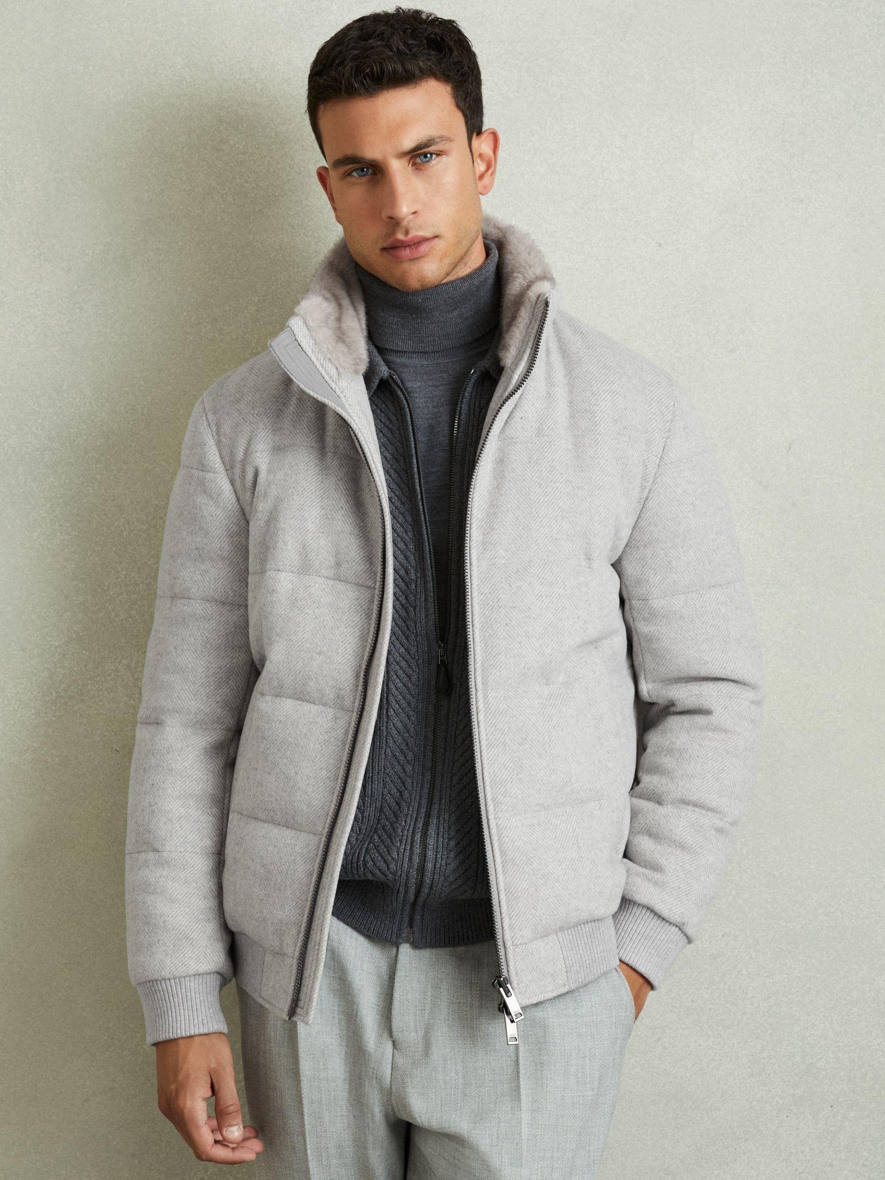 Quilted Wool-Blend herringbone and Faux-Fur Jacket in Soft Grey Melange Product Image