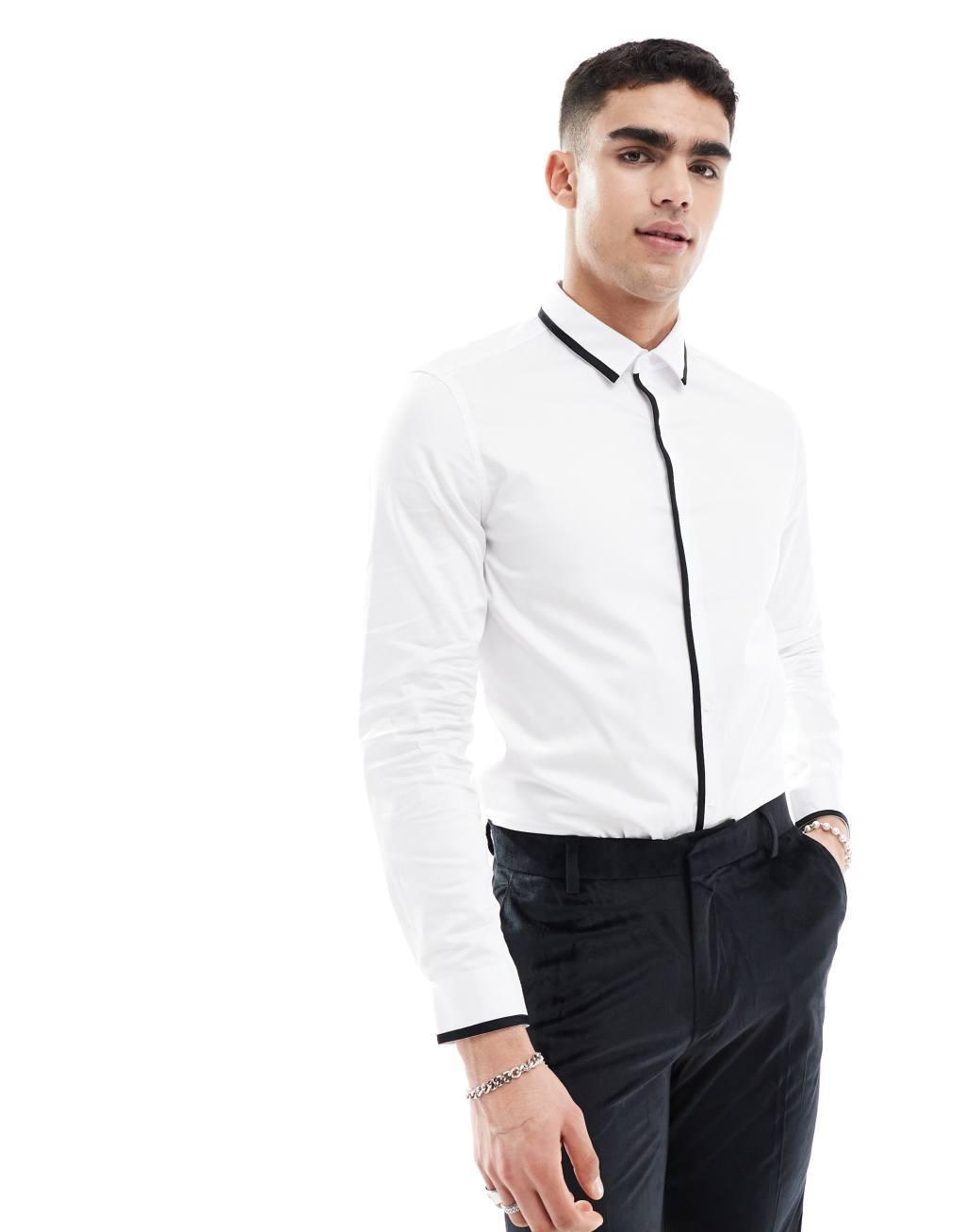 ASOS DESIGN slim shirt with navy detailing in white  Product Image