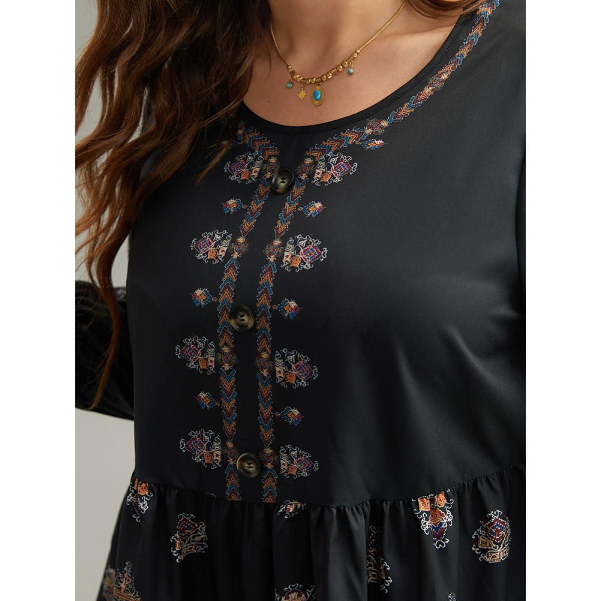 Plus Size Black Boho Print Lantern Sleeve Button Detail Blouse Women Vacation Elbow-length sleeve Round Neck Vacation Blouses BloomChic 14-16/1X Product Image