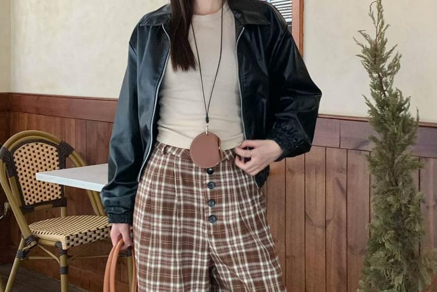 Mid Waist Plaid Button Fly Wide Leg Pants Product Image