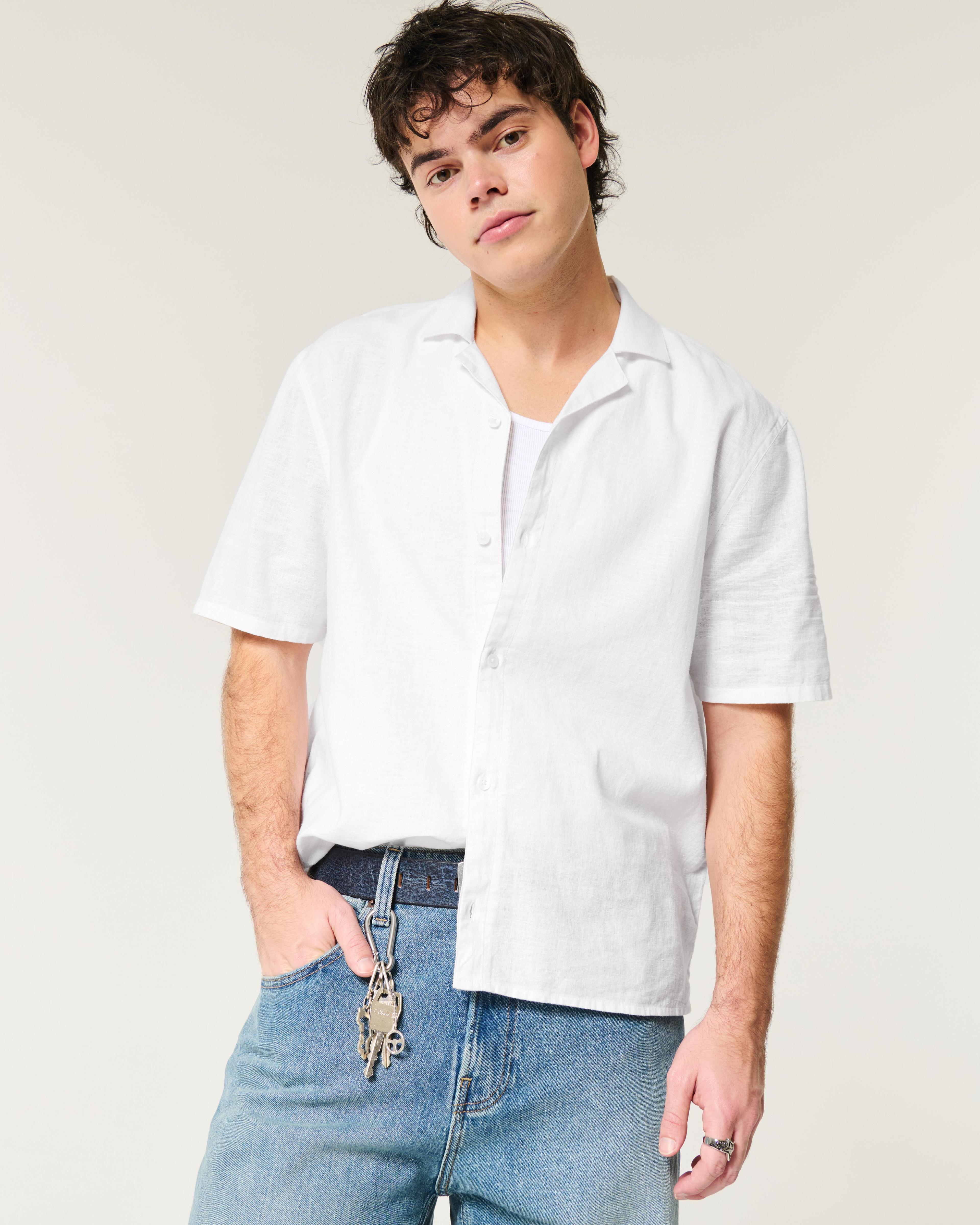 Boxy Short-Sleeve Linen-Blend Shirt Product Image