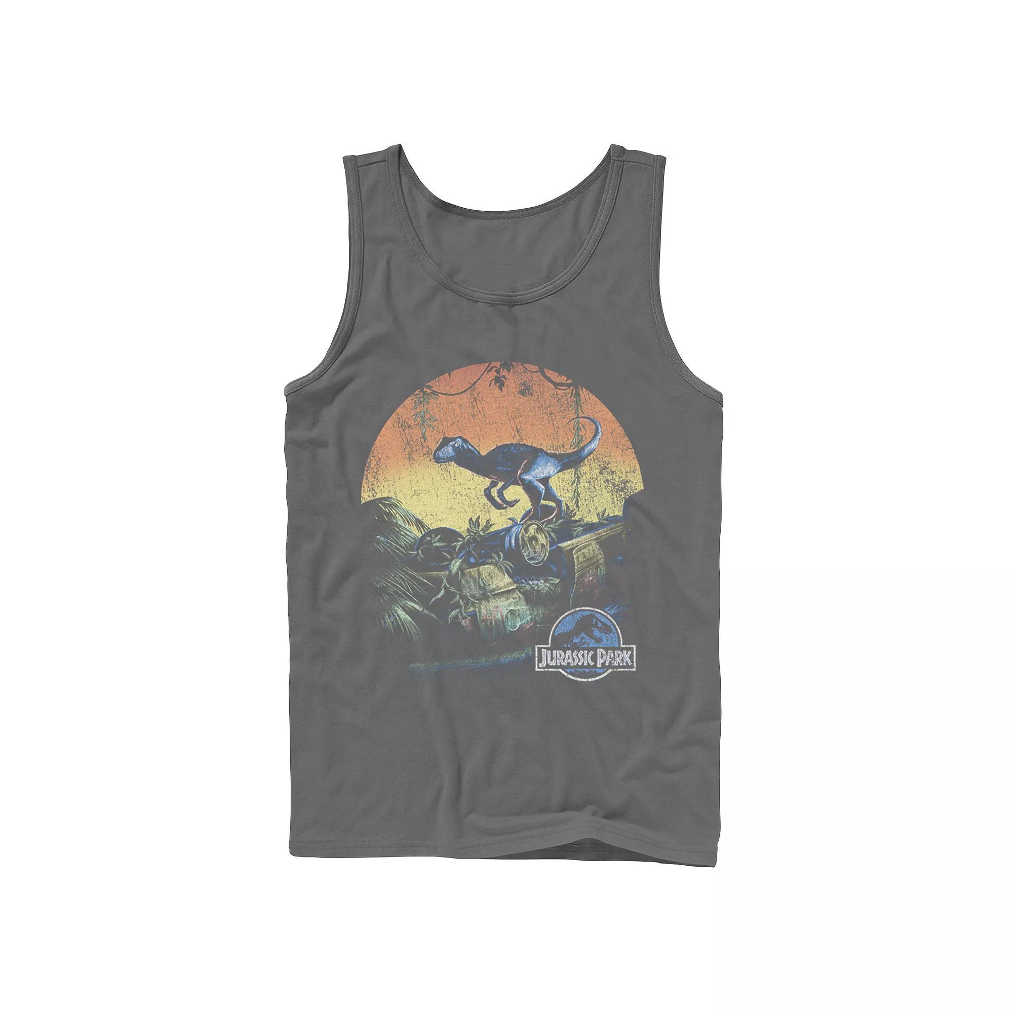 Men's Jurassic World Retro Raptor Sunset in Jungle Tank Top, Size: Small, Grey Product Image