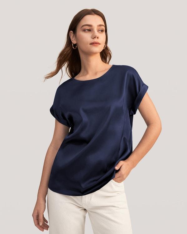 LILYSILK Women Silk Tee Shirts Black Quality Stretchy Silk Soft Classic Round Neck Rolled Cuffs Silk Top XS Product Image