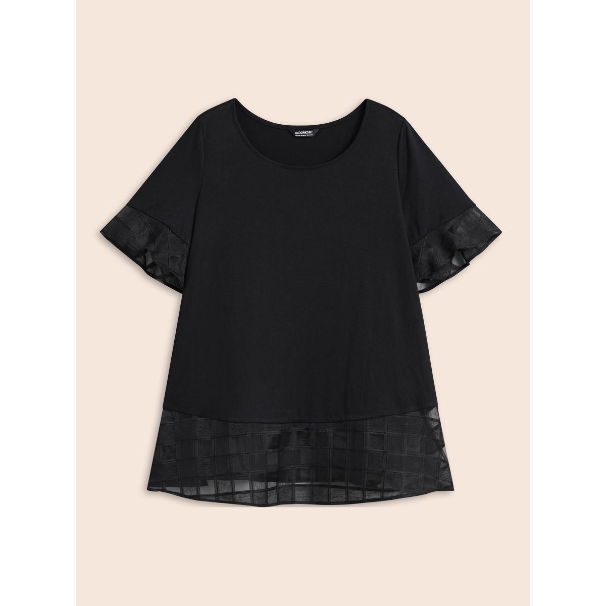 Plus Size Sheer Patchwork Ruffle Round Neck T-Shirt Black Women Elegant Patchwork Round Neck Everyday T-shirts BloomChic 14-16/1X Product Image