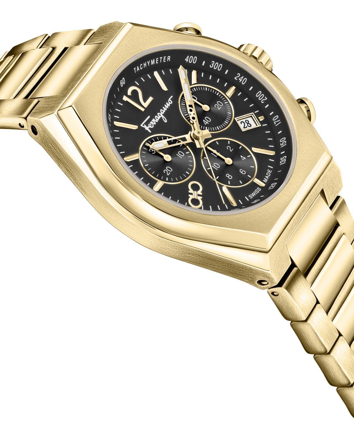 FERRAGAMO Salvatore  Men's Swiss Chronograph Tonneau Gold Ion Plated Stainless Steel Bracelet Watch 4 In Ip Yellow Gold Product Image