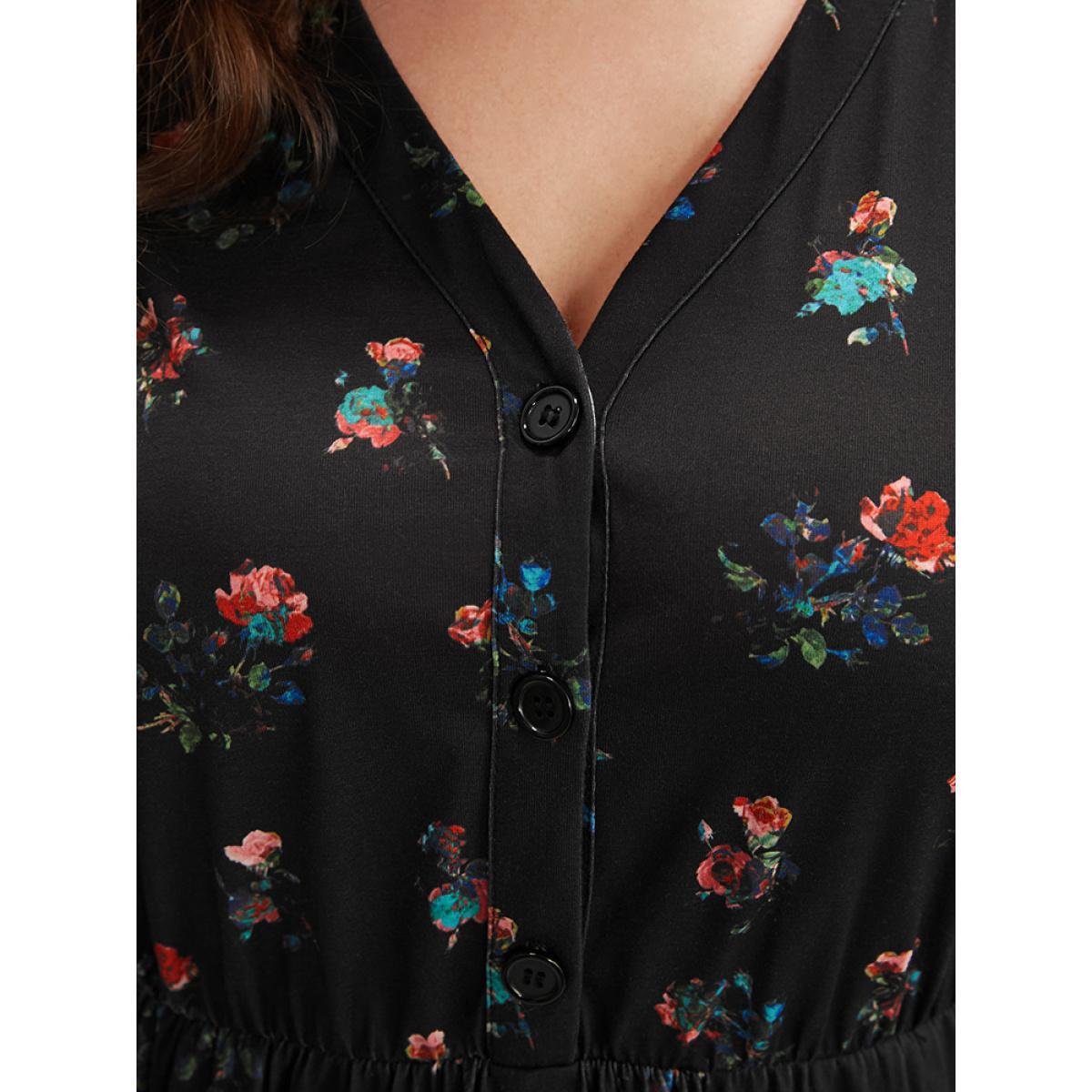 Plus Size Ditsy Floral Button Up Pocket Split Hem Dress BlackFlower Women Elegant Slit V-neck Curvy Midi Dress BloomChic 12/L Product Image
