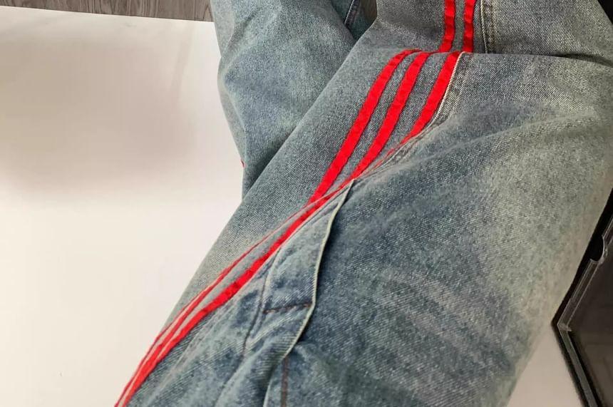 High Waist Washed Striped Loose-Fit Wide-Leg Jeans Product Image