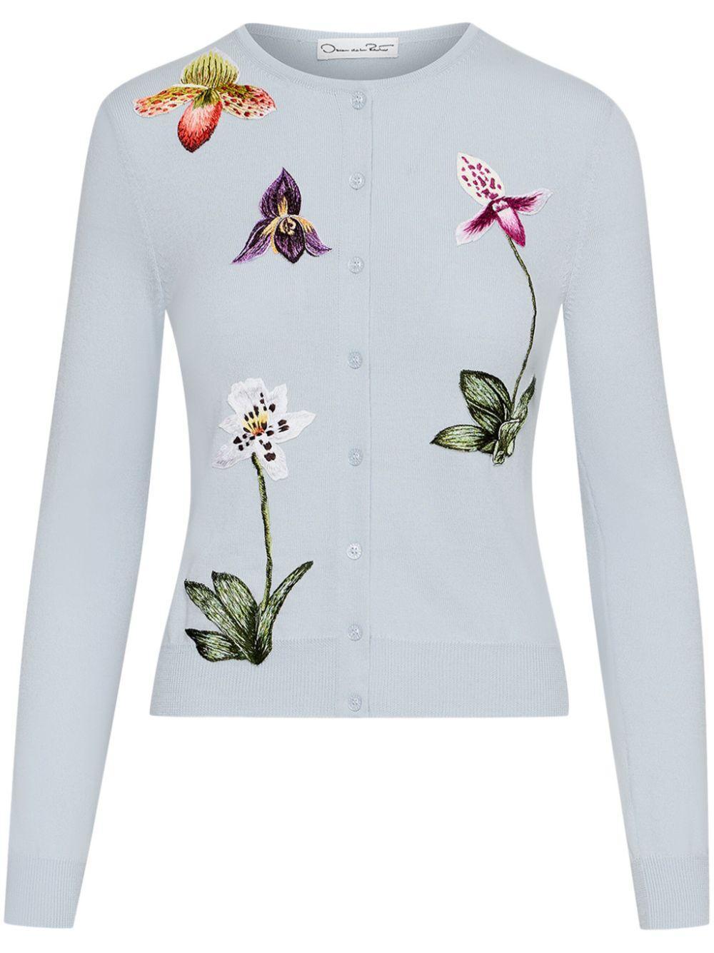 OSCAR DE LA RENTA Orchid Embroidered Virgin Wool Cardigan In Blue Product Image