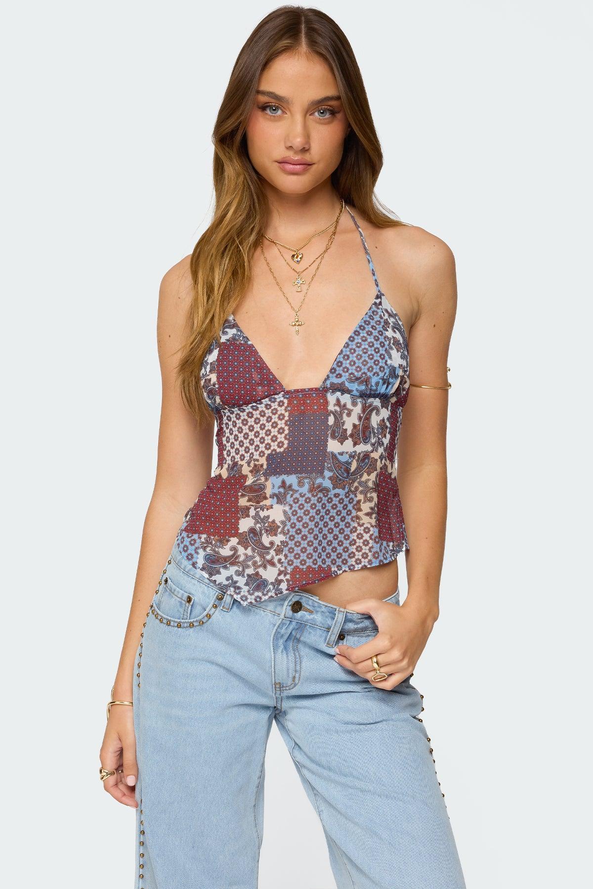 Mixed Patchwork Chiffon Halter Top Product Image