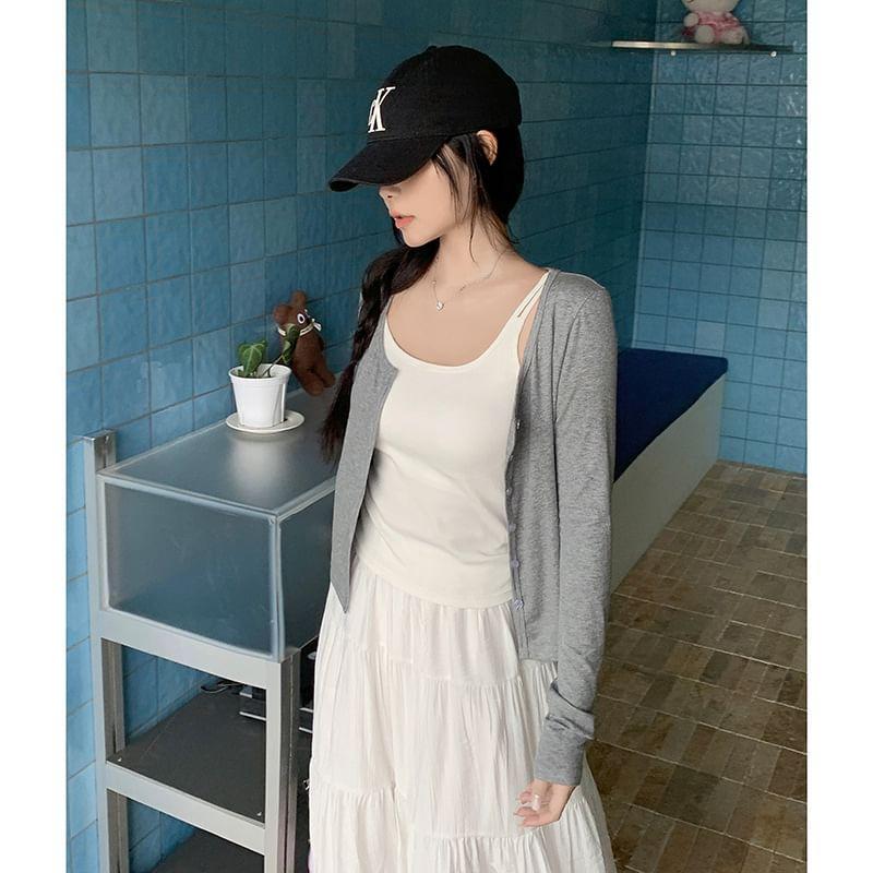 Long Sleeve Plain Slim-Fit Crop Lightweight Cardigan Product Image