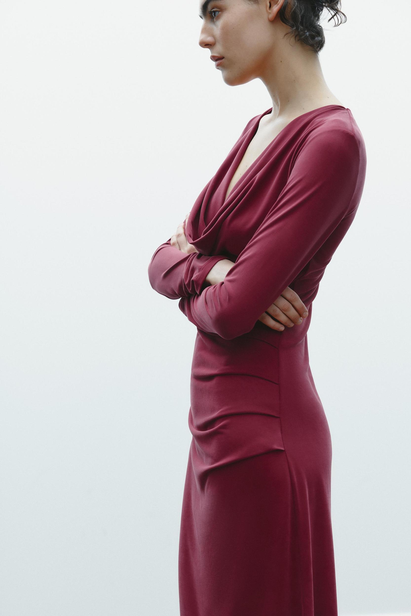 DRAPED NECKLINE MIDI DRESS Product Image