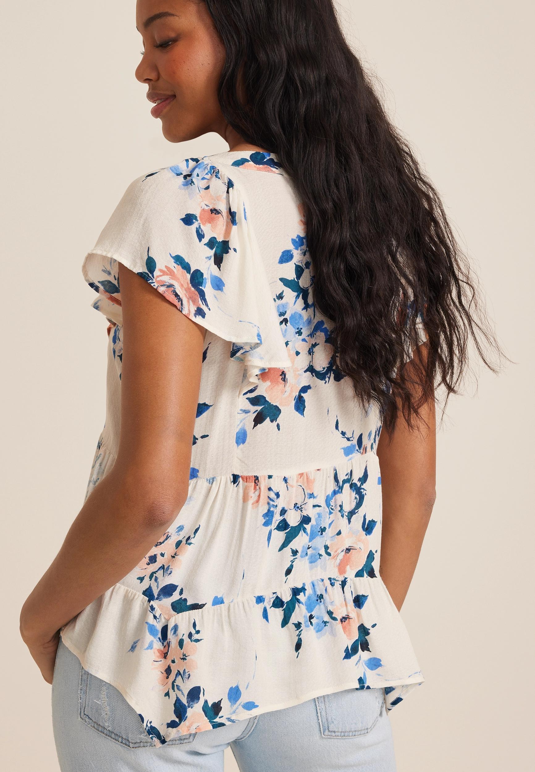 Maurices Womens XX Large Size Floral Flutter Sleeve V Neck Blouse Product Image