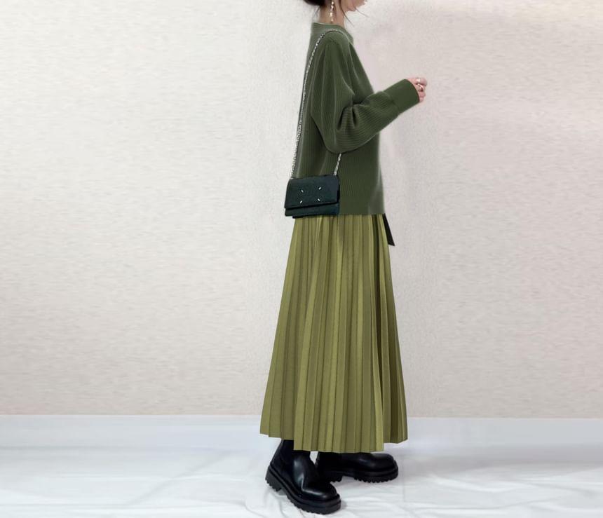 Set: Long-Sleeve Notch Neck Two Tone Asymmetrical Knit Top + High Rise Accordion Pleated Midi A-Line Skirt Product Image