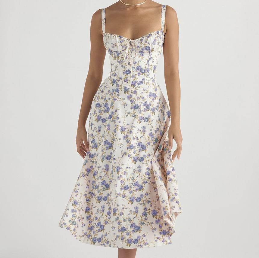 Spaghetti Strap V-Neck Floral  Midi A-Line Dress Product Image