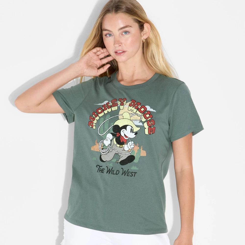 Women's Wild West Mickey Short Sleeve Graphic T-Shirt - Green 1X Product Image