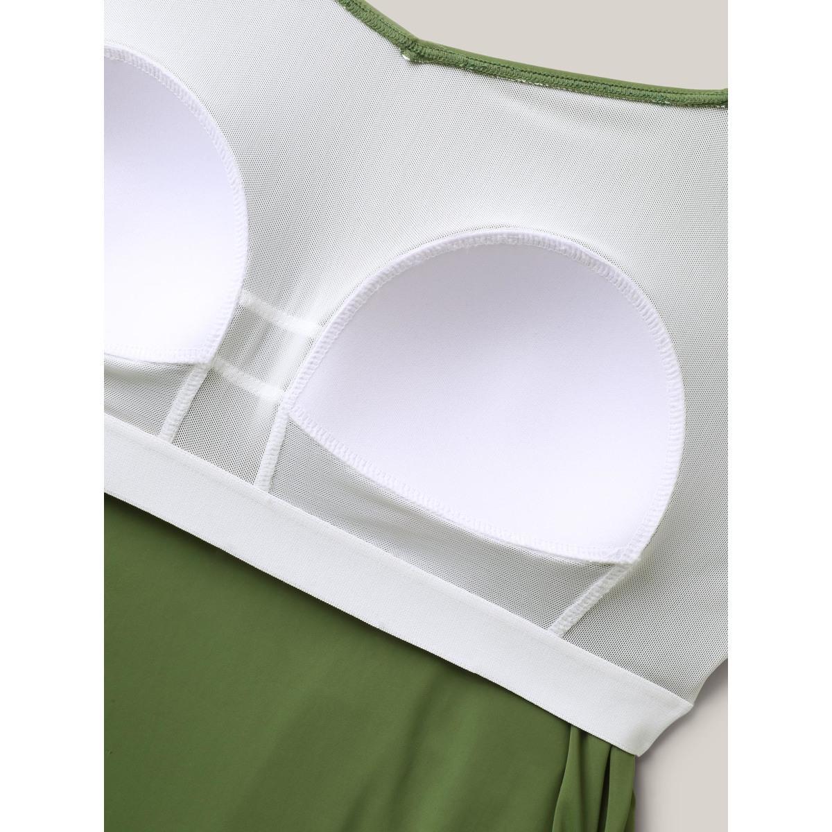 Plus Size Non-Removable Cups Asymmetrical Hem Swim Tankini Women's Swimwear ArmyGreen Beach High stretch Skinny Heart neckline Curve Swim Tops BloomChic 12/L Product Image