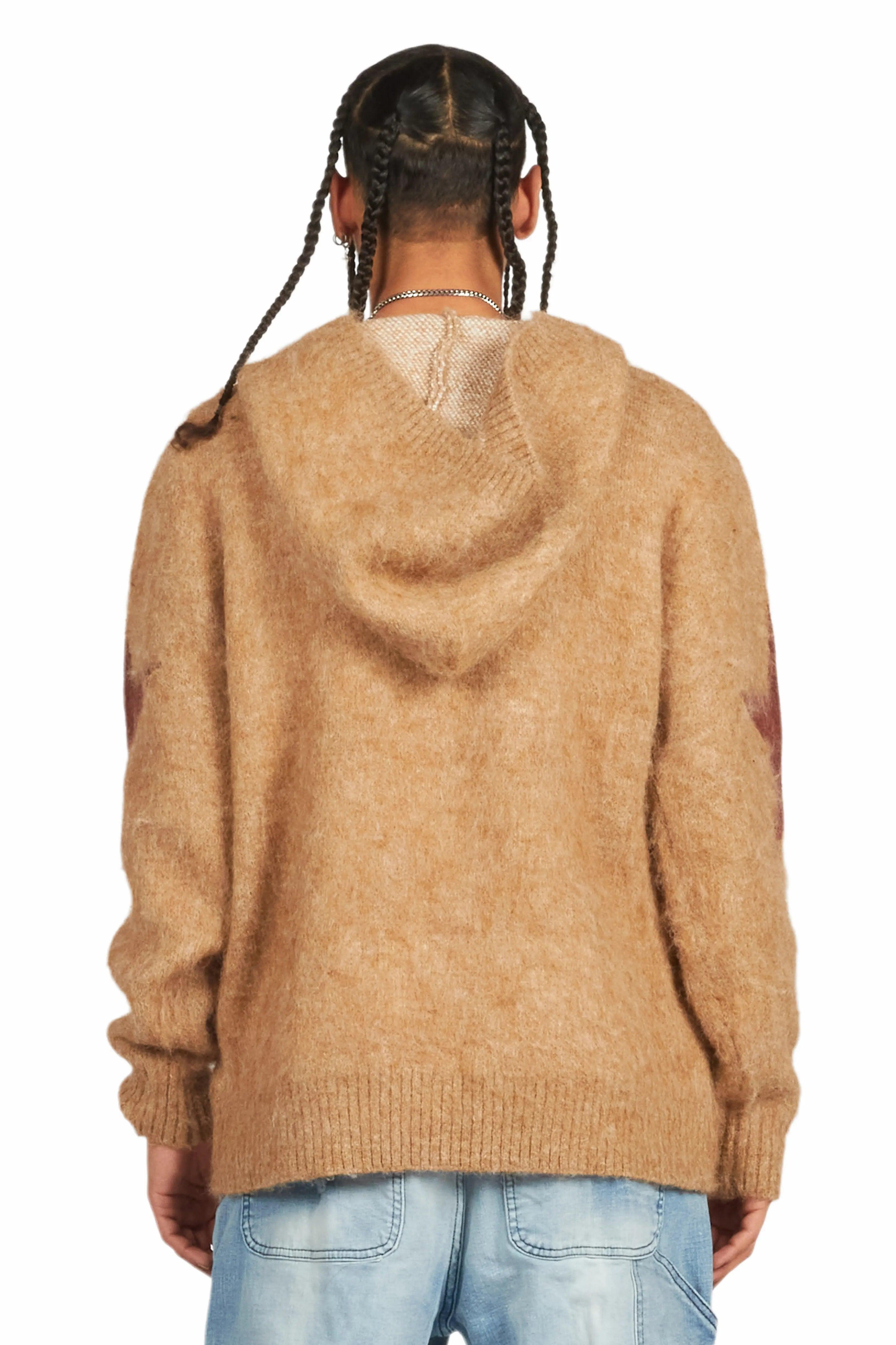 States Brown Graphic Knitted Mohair Hoodie Male Product Image