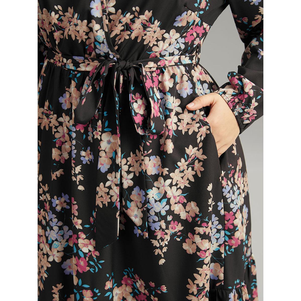 Plus Size Floral Print Overlap Collar Elastic Cuffs Dress Black Women Elegant Elastic cuffs Overlap Collar Long Sleeve Curvy Midi Dress BloomChic 12/L Product Image