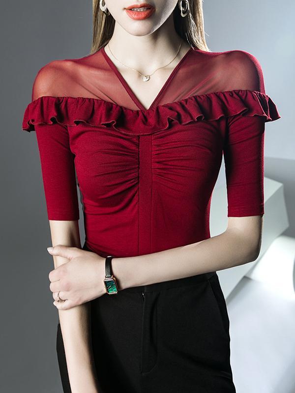 Half Sleeves Skinny Pleated Ruffle Trim Solid Color Split-Joint V-Neck T-Shirts Tops Product Image