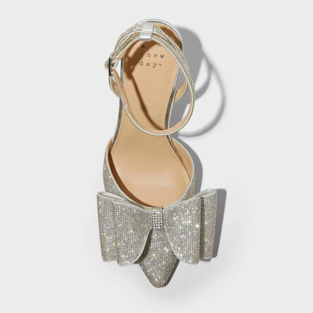 Womens Julia Rhinestone Bow Heels with Memory Foam Insole - A New Day Silver 7 Product Image