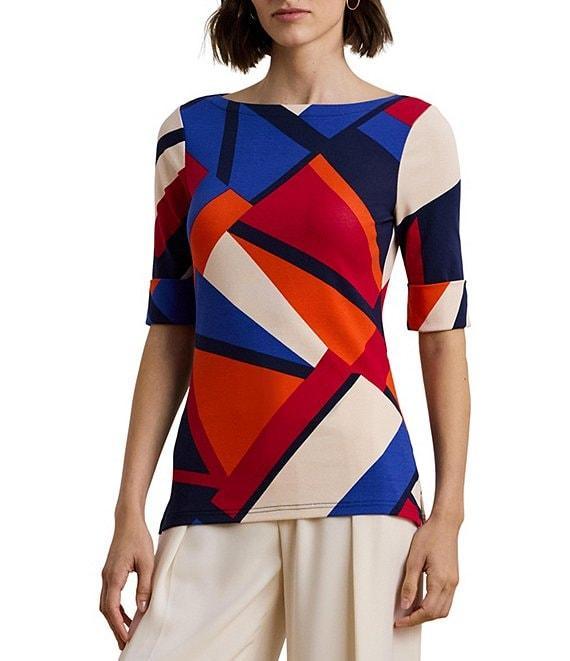 Lauren Ralph Lauren Stretch Cotton Abstract Print Boat Neck Elbow Length Sleeve Tee Top Product Image