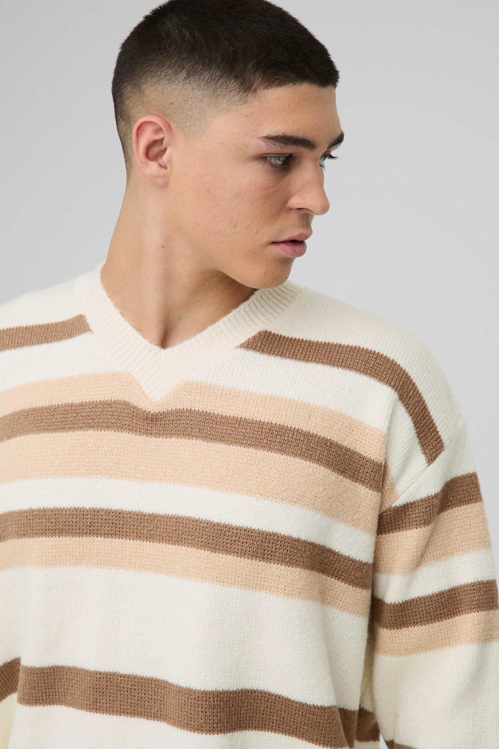 Oversized Boxy V Neck Brushed Stripe Knitted Sweater | boohooMAN USA Product Image
