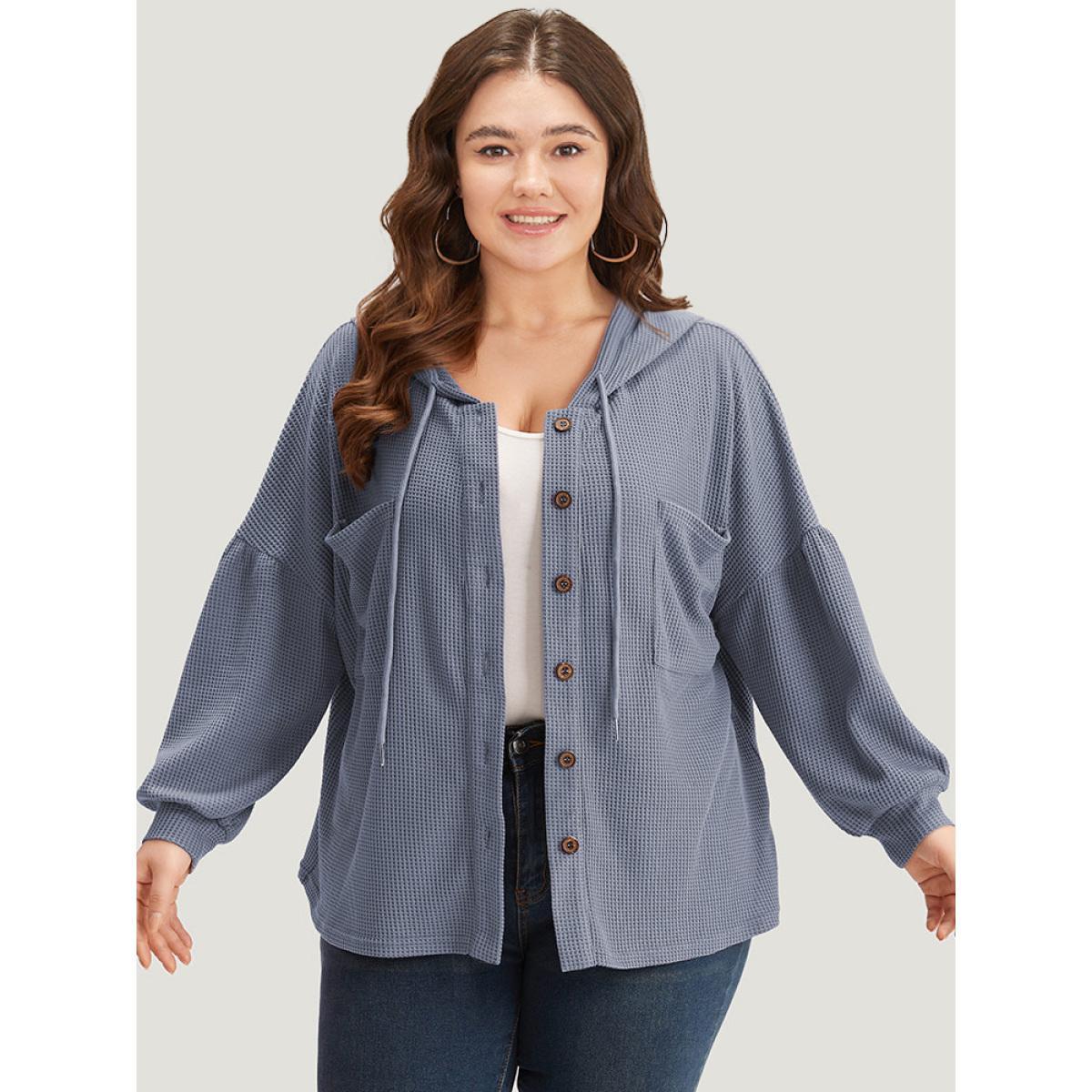 Plus Size Plain Texture Pocket Button Through Drawstring Hooded Jacket Women Stone Texture Pocket Dailywear Jackets BloomChic 12/L Product Image