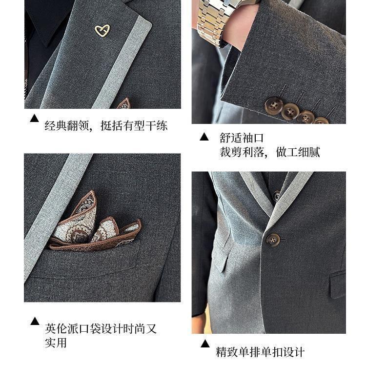 Set: Lapel Collar Contrast Trim Single Button Blazer + Single Breasted Vest + Mid Rise Dress Pants Product Image