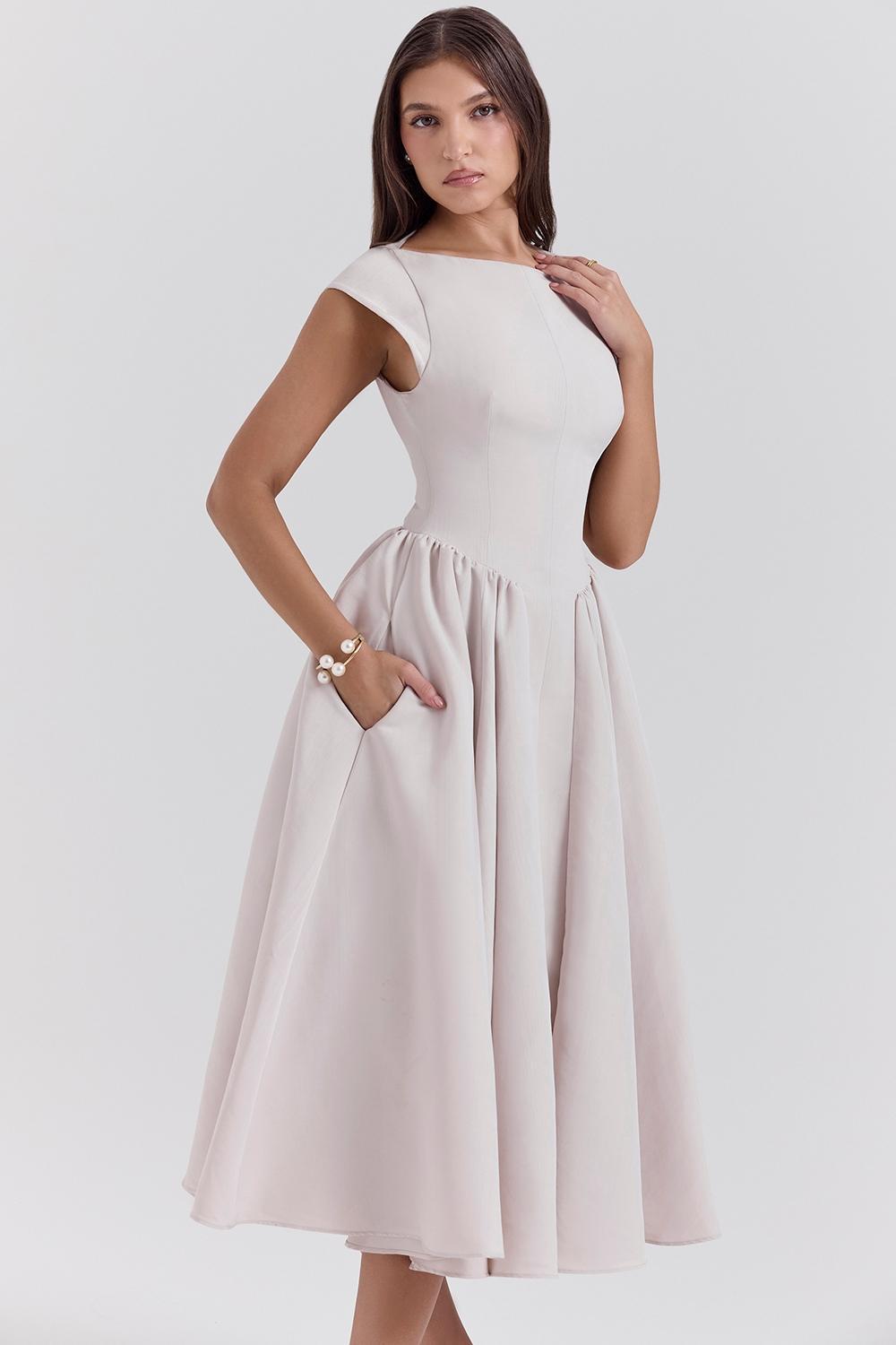 Debutante French Dove Moire Satin Backless Midi Dress Product Image