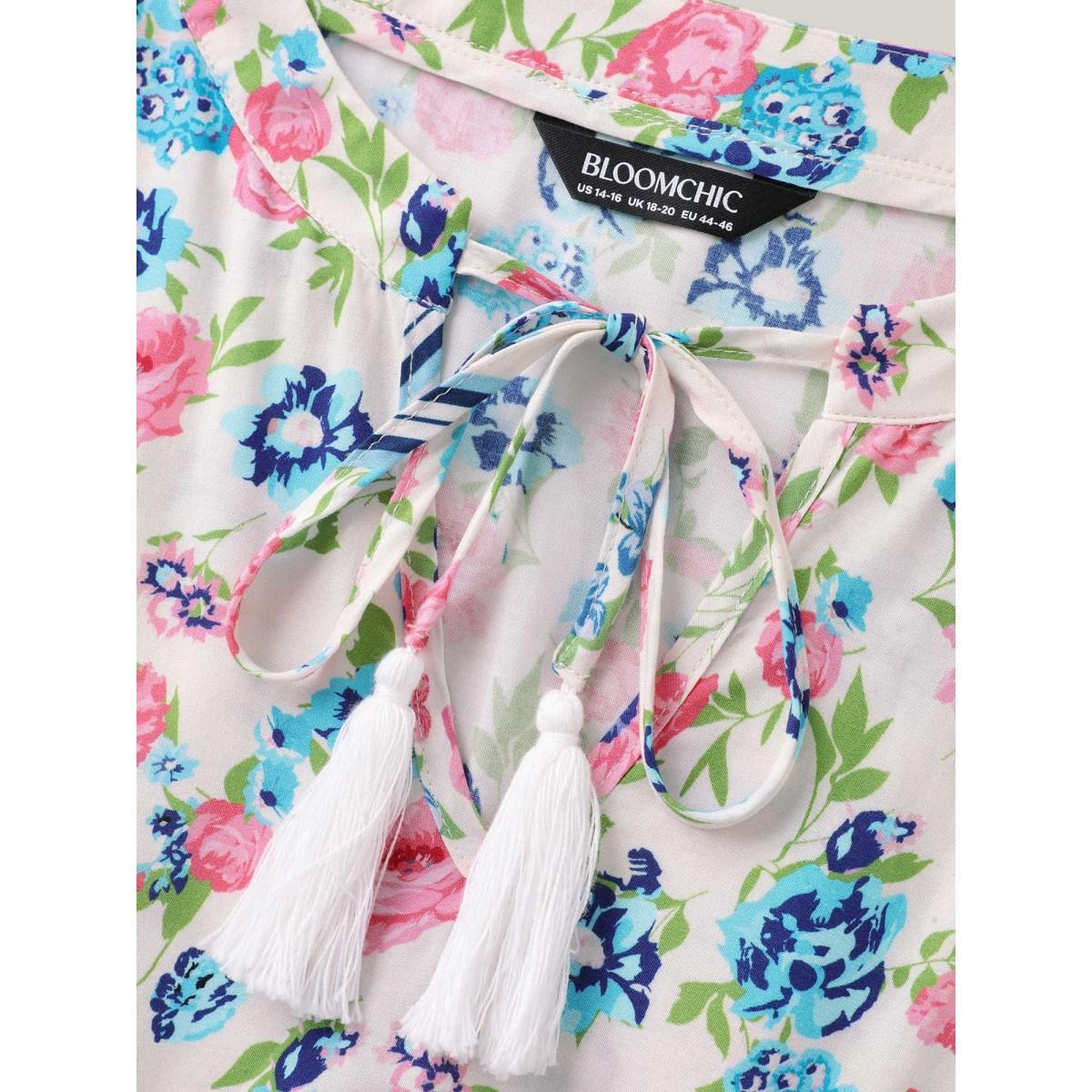 Plus Size Rayon Floral Print Neck Tie Pockets Midi Dress Multicolor Women Boho Notched collar Short sleeve Curvy BloomChic 12/L Product Image