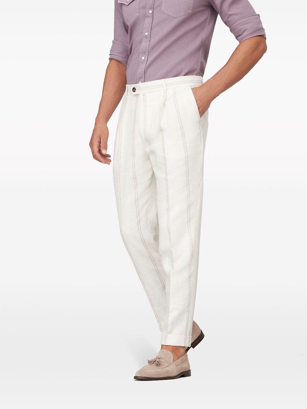 BRUNELLO CUCINELLI Men's Linen, Wool And Silk Double Chalk Stripe Leisure Fit Trousers With Pleat In White Product Image