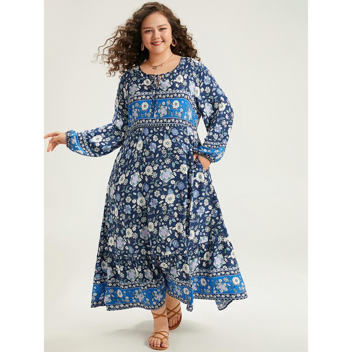 Plus Size Floral Print Pocket Knot Neck Dress Indigo Women Vacation Cross straps Tie Neck Long Sleeve Curvy Midi Dress BloomChic 26/4X Product Image