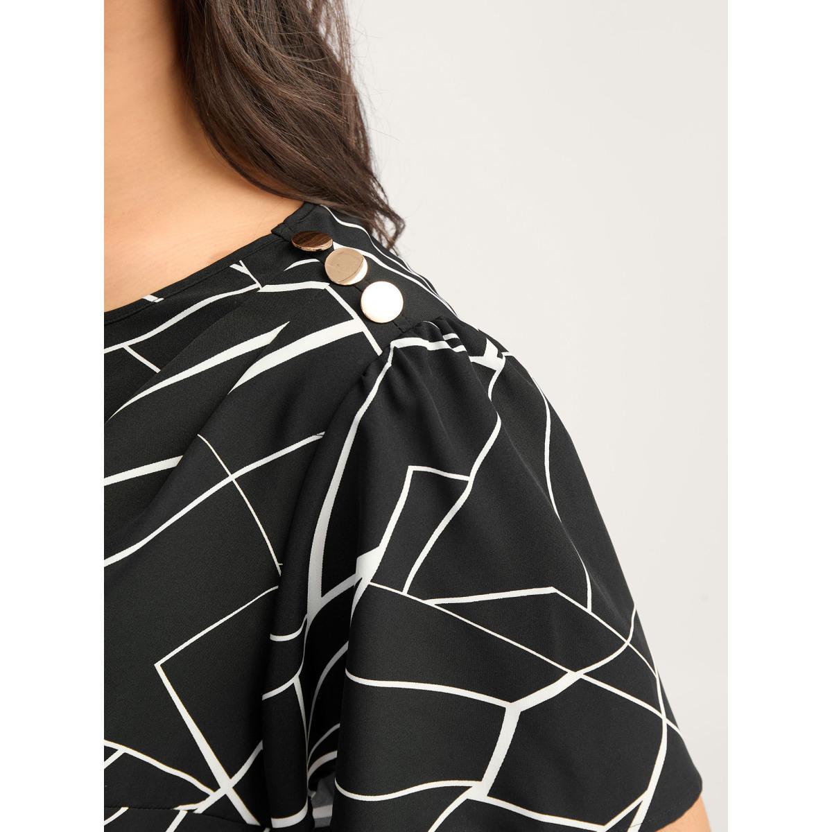 Plus Size Black Abstract Detail Button Detail Blouse Women Short sleeve Round Neck Work Blouses BloomChic 30/6X Product Image