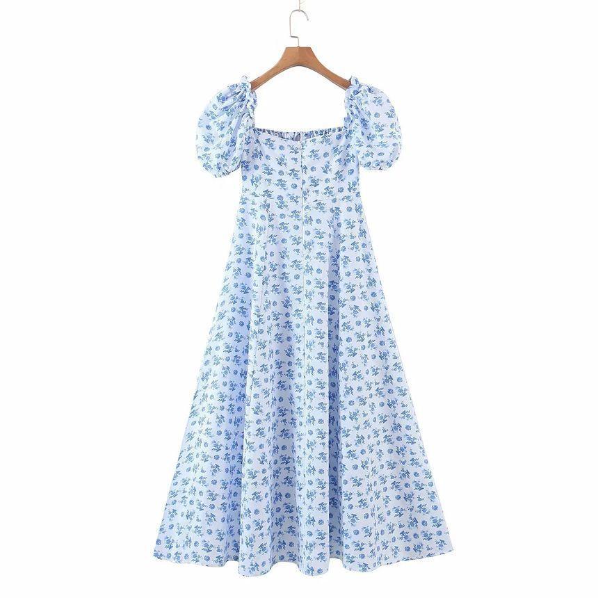 Cap-Sleeve Floral Print A-Line Dress Product Image