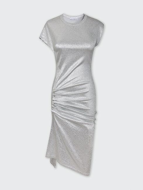 Silver drapé pression dress in lurex Product Image