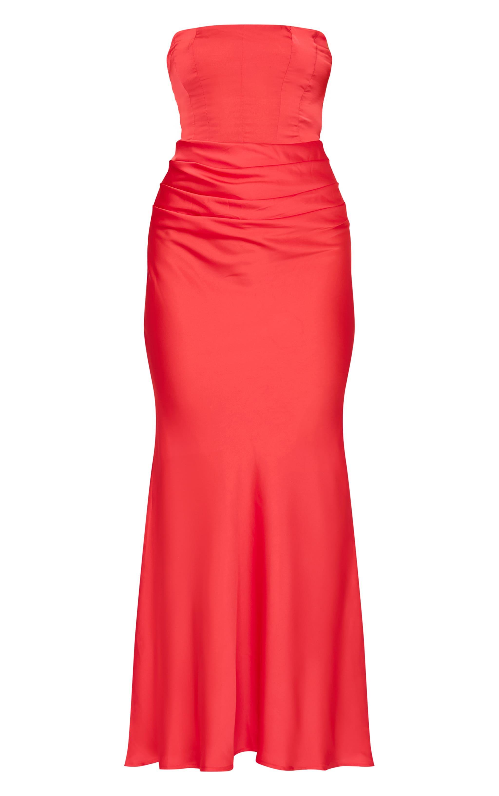 Red Satin Corset Detail Draped Maxi Dress Product Image