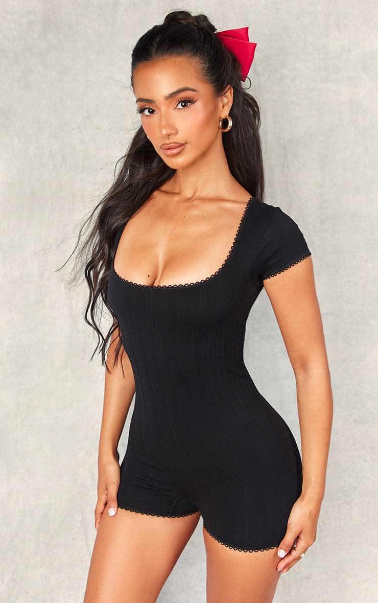 Petite Black Pointelle Contour Open Tie Back Unitard Product Image