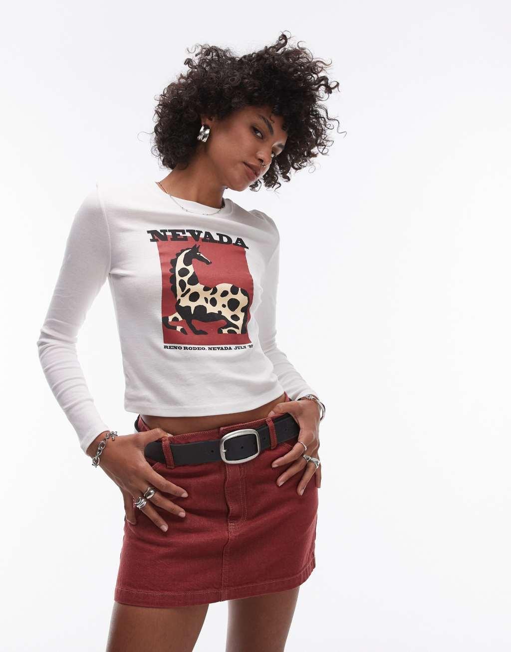 Topshop graphic Nevada long sleeve tee in white Product Image