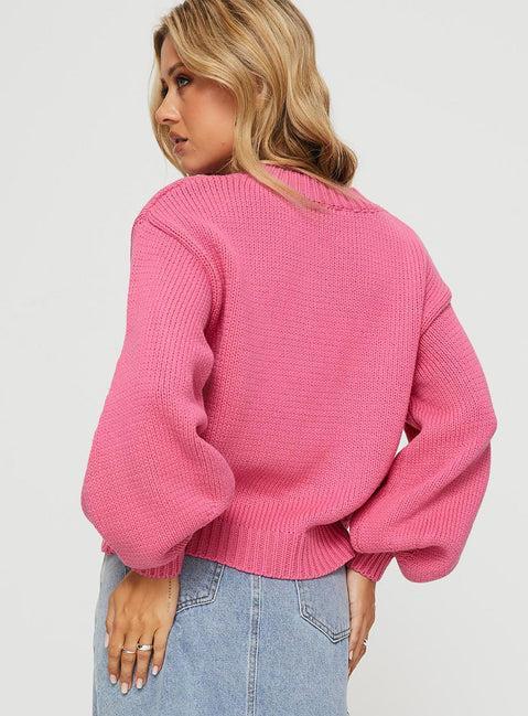 Harmony Balloon Sleeve Knit Sweater Pop Pink Product Image