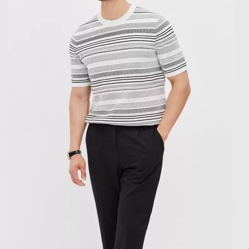 Short-Sleeve Crew Neck Striped Knit Top Product Image