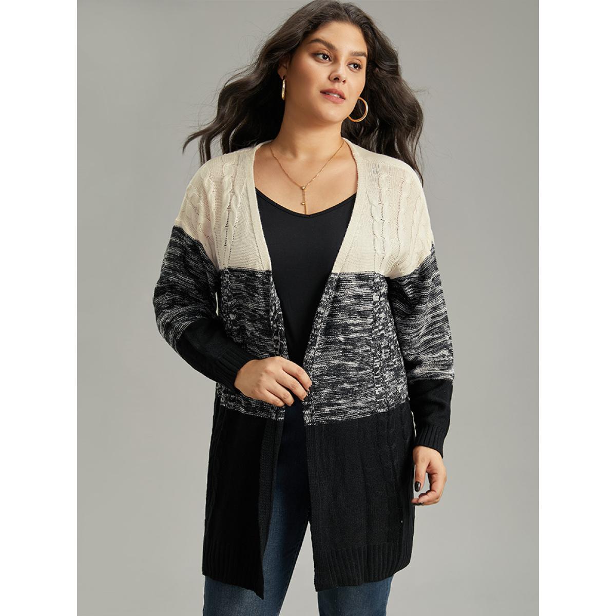 Plus Size Colorblock Contrast Heather Open Front Cardigan Black Women Casual Loose Long Sleeve Dailywear Cardigans BloomChic 22-24/3X Product Image