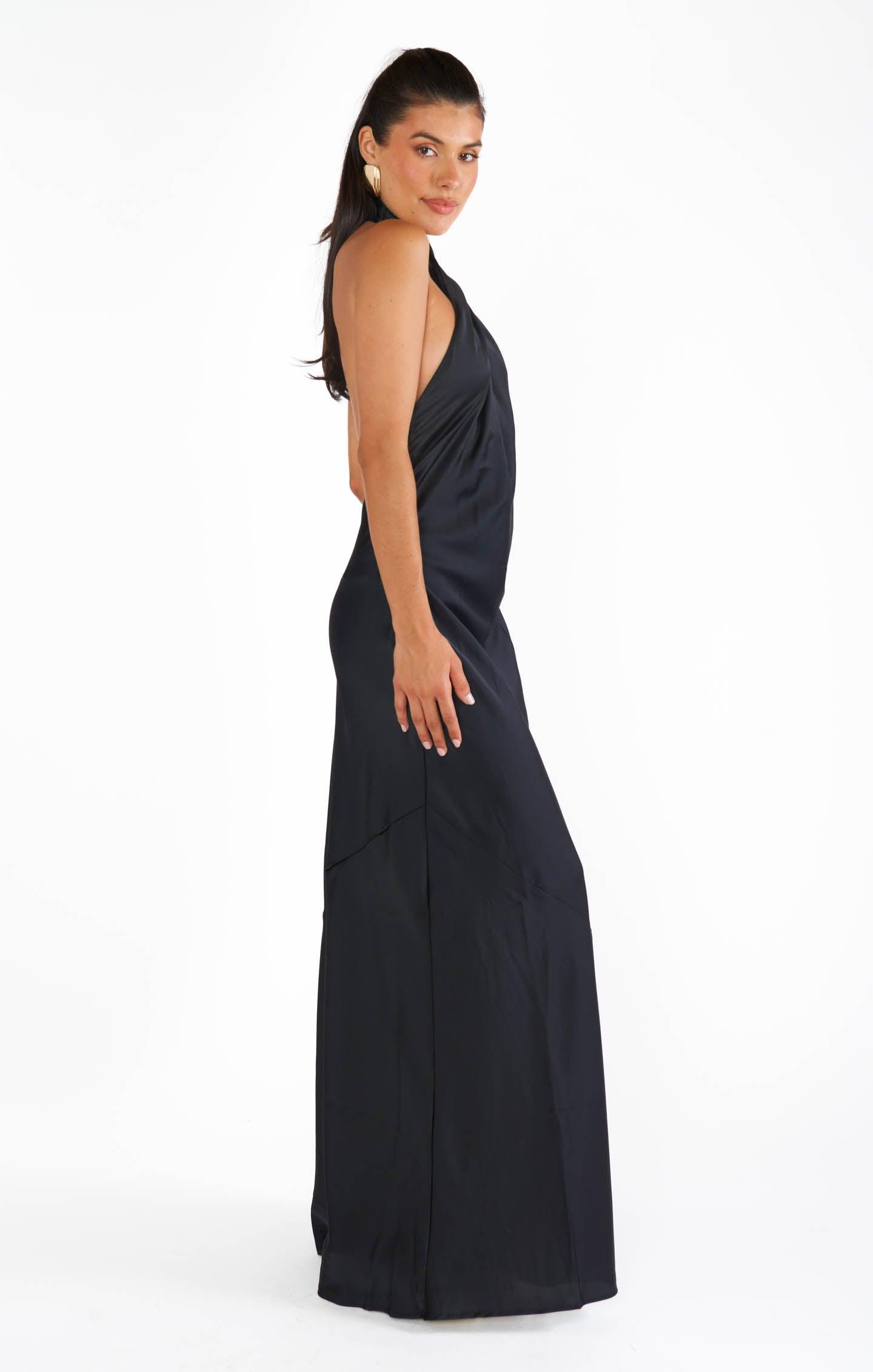 Jasmine Halter Maxi Dress ~ Black Luxe Satin Product Image