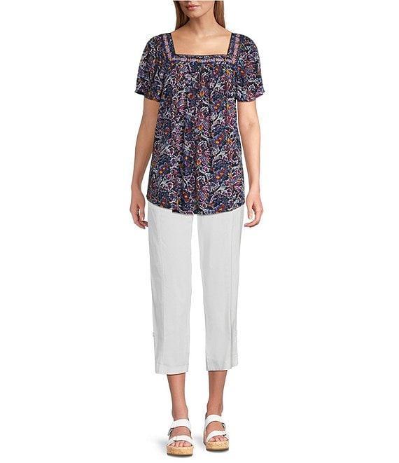 Intro Crinkle Gauze Embroidered Printed Square Neck Short Flutter Sleeve Top Product Image