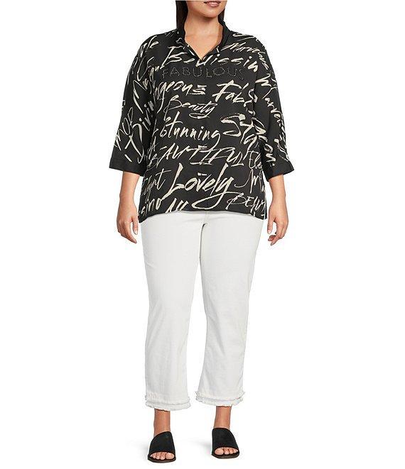 Ali Miles Plus Size Woven Printed Wire Collar 3/4 Roll-Tab Sleeve Button Front Tunic Product Image