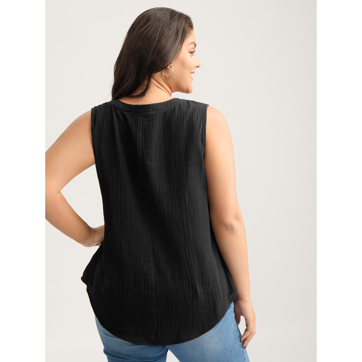 Plus Size Cotton Button Front Solid Tank Top Women Black Leisure Texture Flat collar with V-notch Casual Tank Tops Camis BloomChic 28/5X Product Image