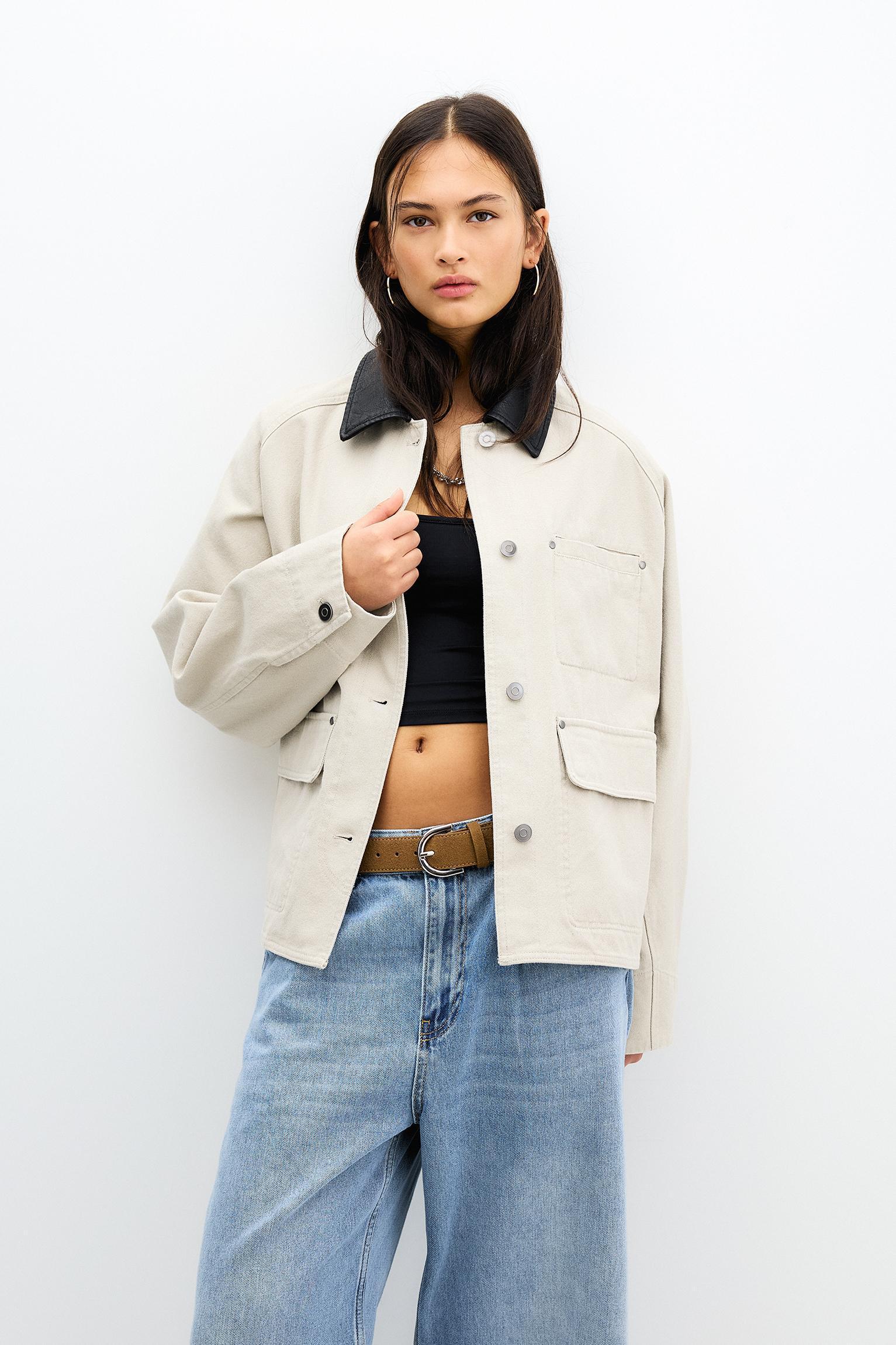 Worker jacket with faux leather collar Product Image