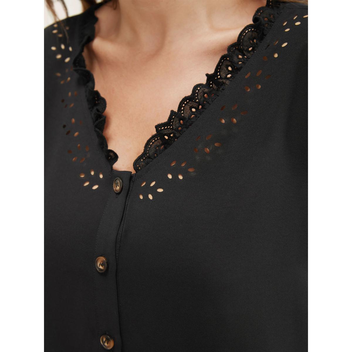 Plus Size Black Solid Lace Trim Button Up Laser Cut Puff Sleeve Blouse Women Elegant Short sleeve V-neck Everyday Blouses BloomChic 10/M Product Image