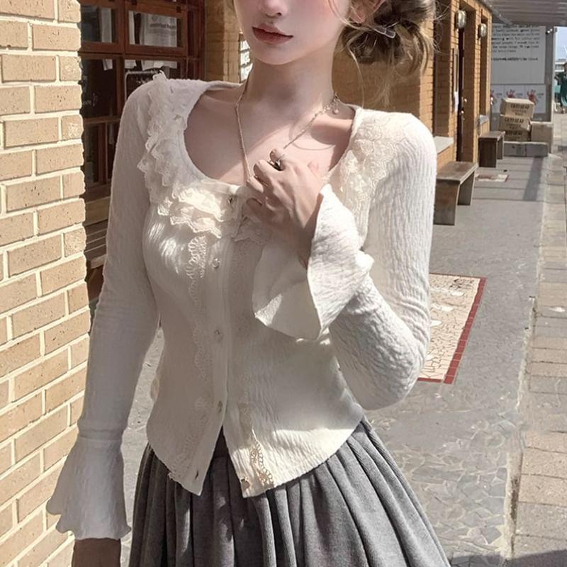 Long Sleeve Scoop-Neck Lace-Trim Bow Accent Slim-Fit Cardigan Product Image